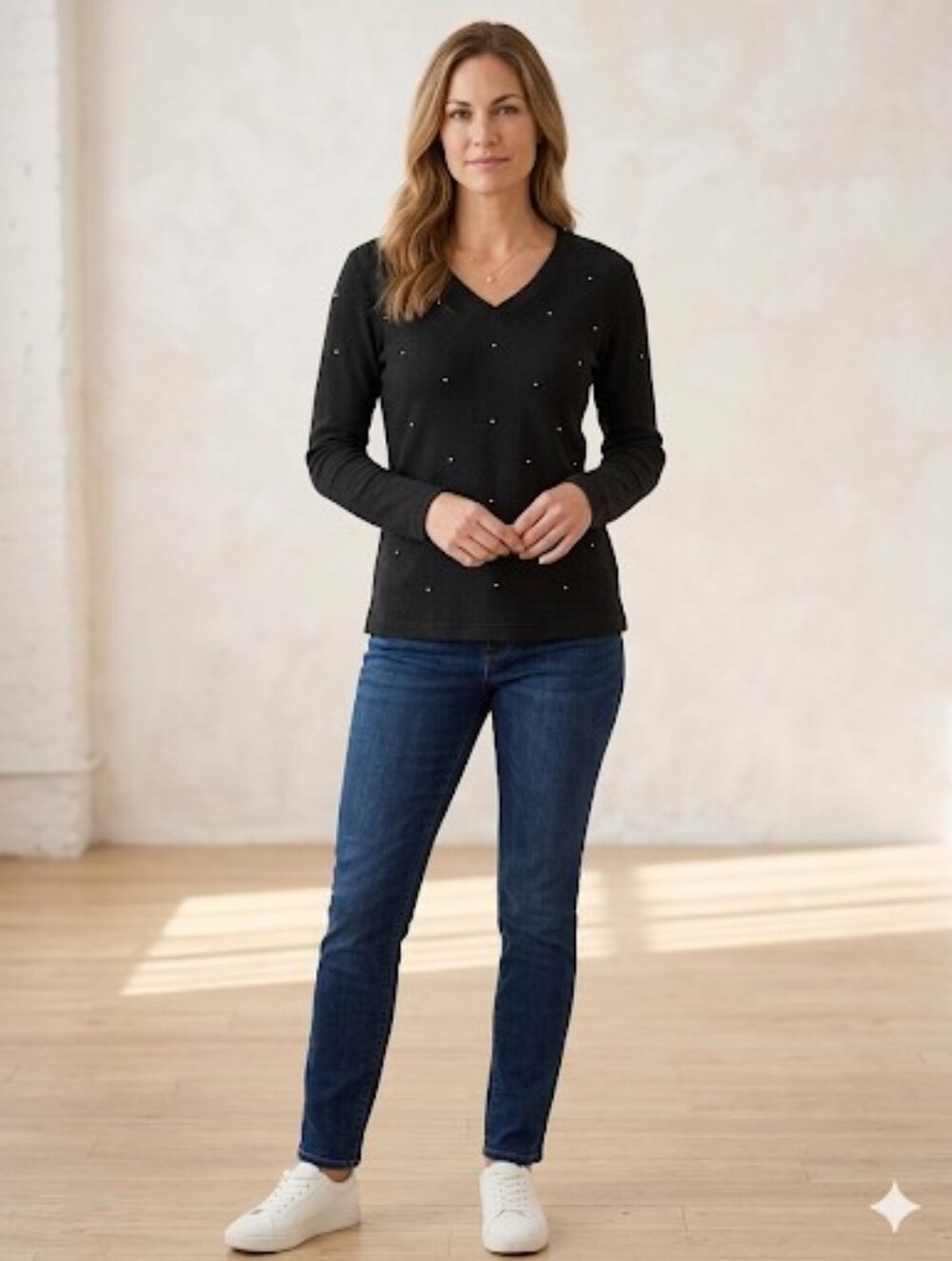 Quacker Factory Black Waffle Knit V-Neck Long Sleeve Sweater with Rhinestone